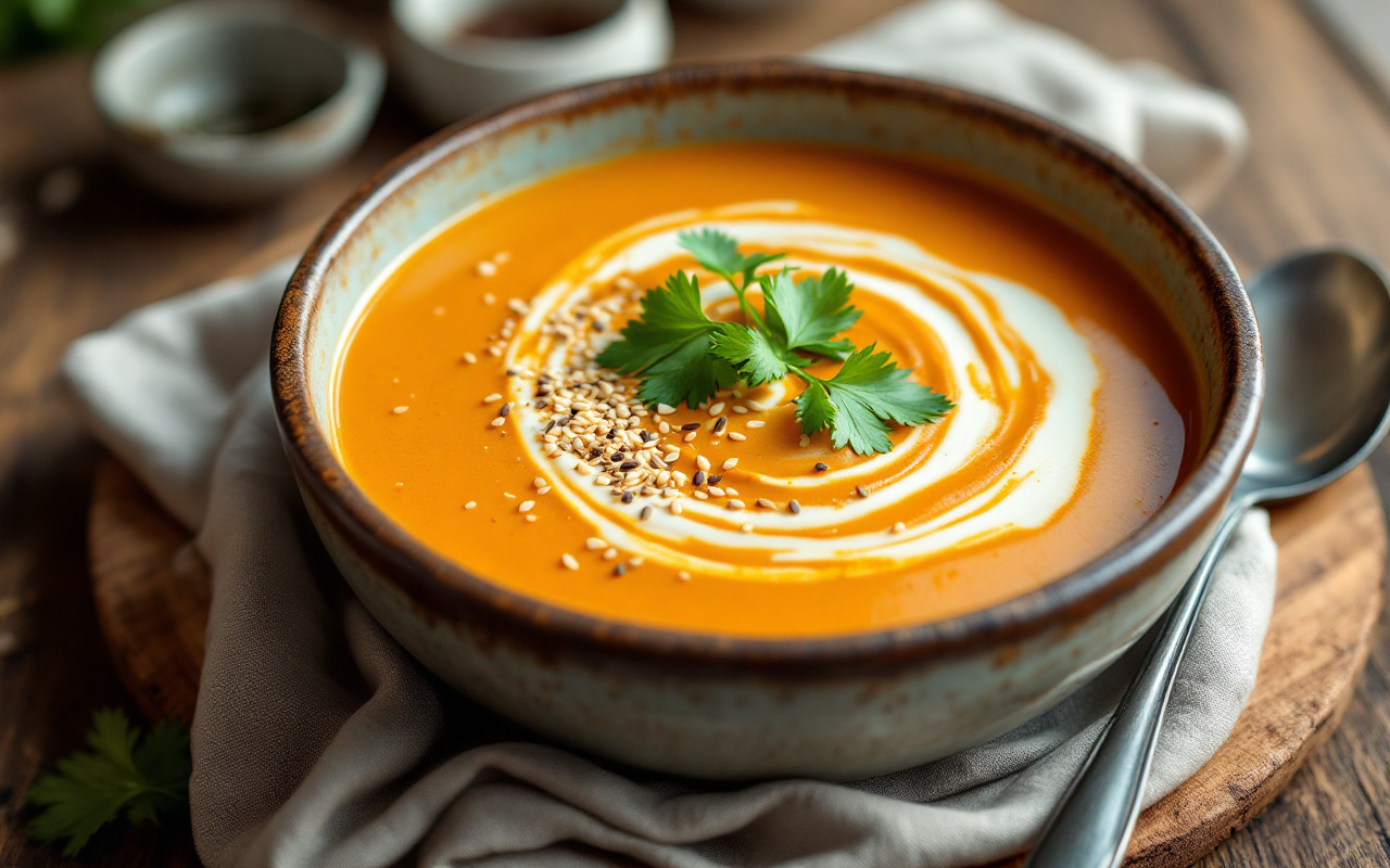 Bol de soupe carotte-coco au curry, crémeuse et fumante, garnie de graines de sésame et de brins de coriandre, posée dans un bol en céramique sur une table en bois avec une serviette et une cuillère, éclairage doux et chaud.