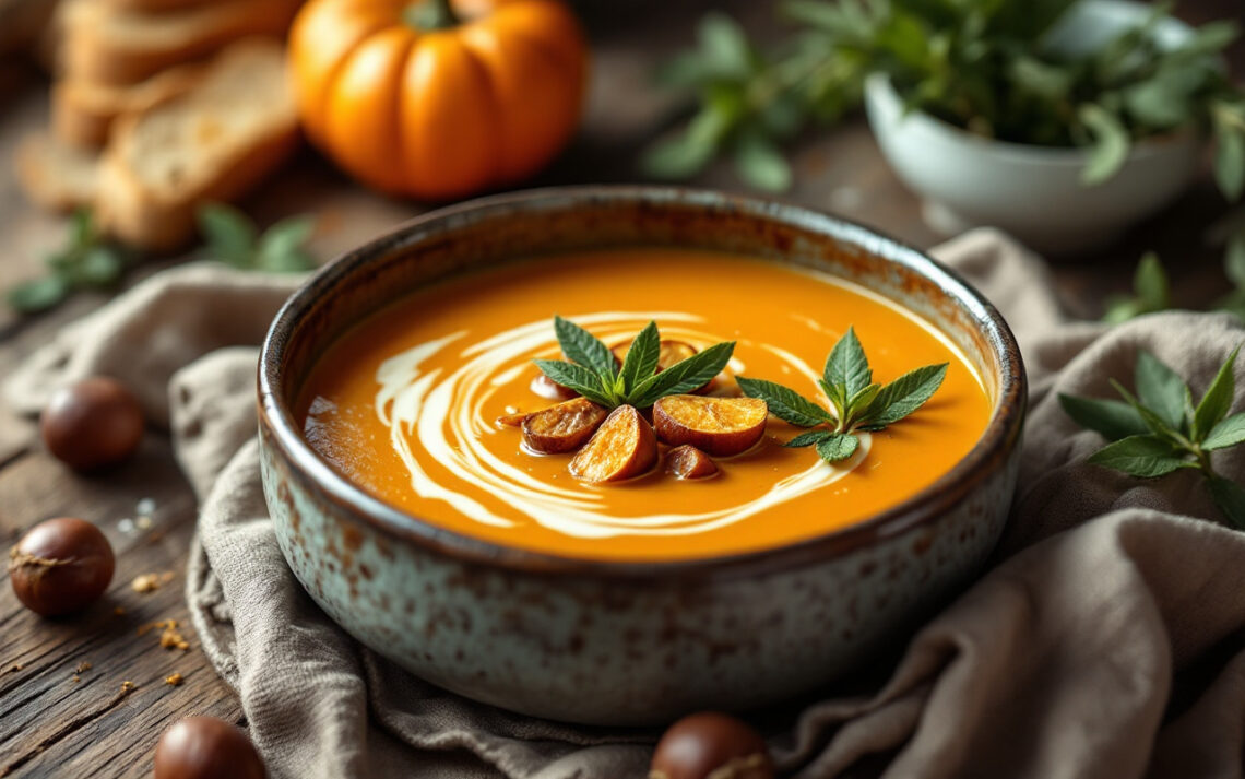 Bol rustique de soupe crémeuse au potiron et aux châtaignes, garni d'un tourbillon de crème, de morceaux de châtaigne grillée et de feuilles de sauge, posé sur une table en bois avec du pain croustillant, lumière chaude et naturelle.
