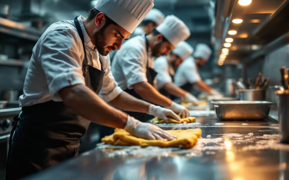 Équipe de cuisine professionnelle nettoyant soigneusement des plans de travail en inox dans une cuisine commerciale, chefs en uniforme et gants utilisant chiffons et sprays, surface brillante avec bulles de savon, lumière chaude et atmosphère propre et hygiénique.