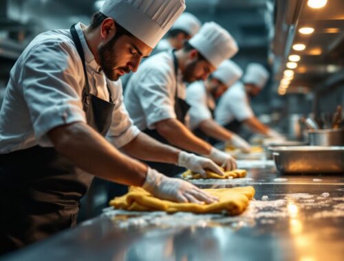 Équipe de cuisine professionnelle nettoyant soigneusement des plans de travail en inox dans une cuisine commerciale, chefs en uniforme et gants utilisant chiffons et sprays, surface brillante avec bulles de savon, lumière chaude et atmosphère propre et hygiénique.