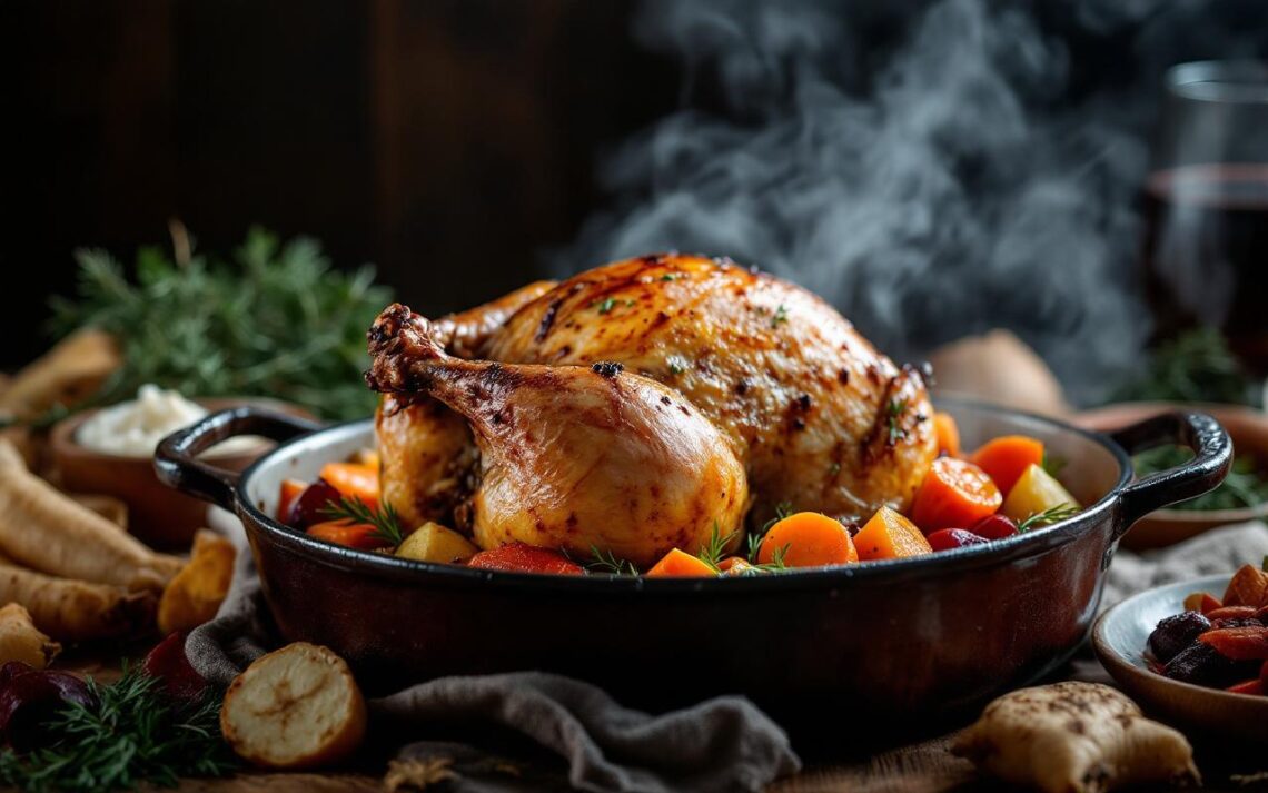Photo réaliste d'une pintade rôtie dans une cocotte en fonte, entourée de légumes racines d'hiver (carottes, panais, betteraves), vapeur s'échappant, peau caramélisée, table rustique en bois, lumière chaude et volumétrique.