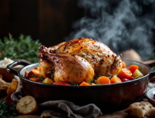 Photo réaliste d'une pintade rôtie dans une cocotte en fonte, entourée de légumes racines d'hiver (carottes, panais, betteraves), vapeur s'échappant, peau caramélisée, table rustique en bois, lumière chaude et volumétrique.