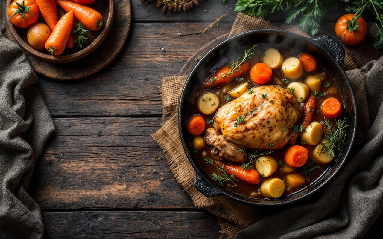 Vue plongeante d'un ragoût rustique d'hiver dans une cocotte en fonte, avec morceaux de pintade, carottes et panais, vapeur visible, posé sur une table en bois patiné, tons chauds brun et orange, ambiance naturelle et chaleureuse.