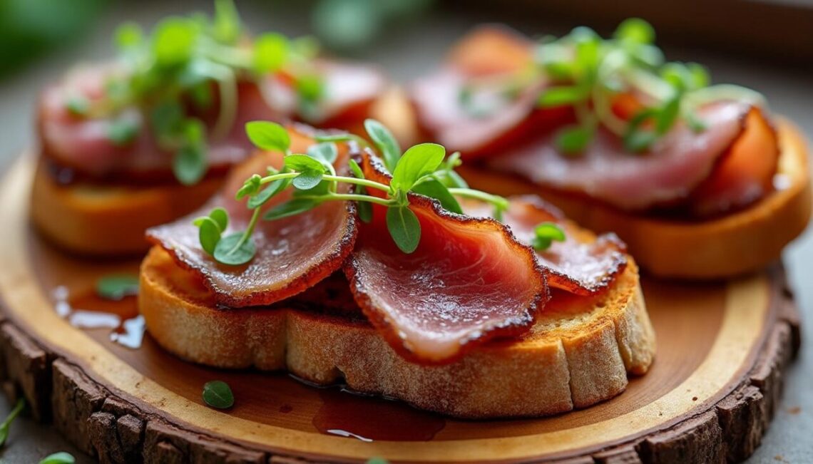 découvrez une recette raffinée pour l'apéritif avec ce toast au magret de canard fumé, alliant saveurs délicates et élégance en bouche.