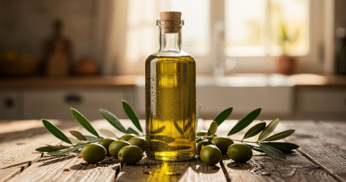 Bouteille d'huile d'olive vierge extra sur une table en bois avec des olives fraîches
