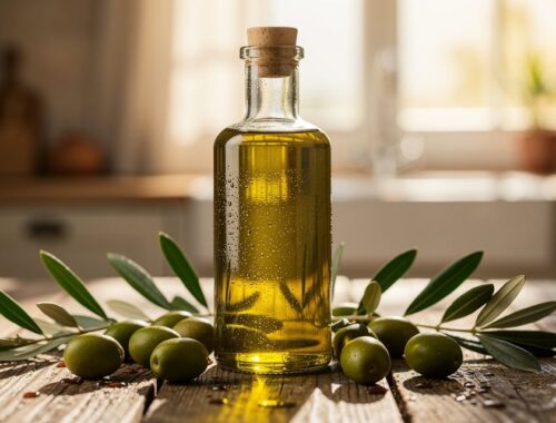 Bouteille d'huile d'olive vierge extra sur une table en bois avec des olives fraîches