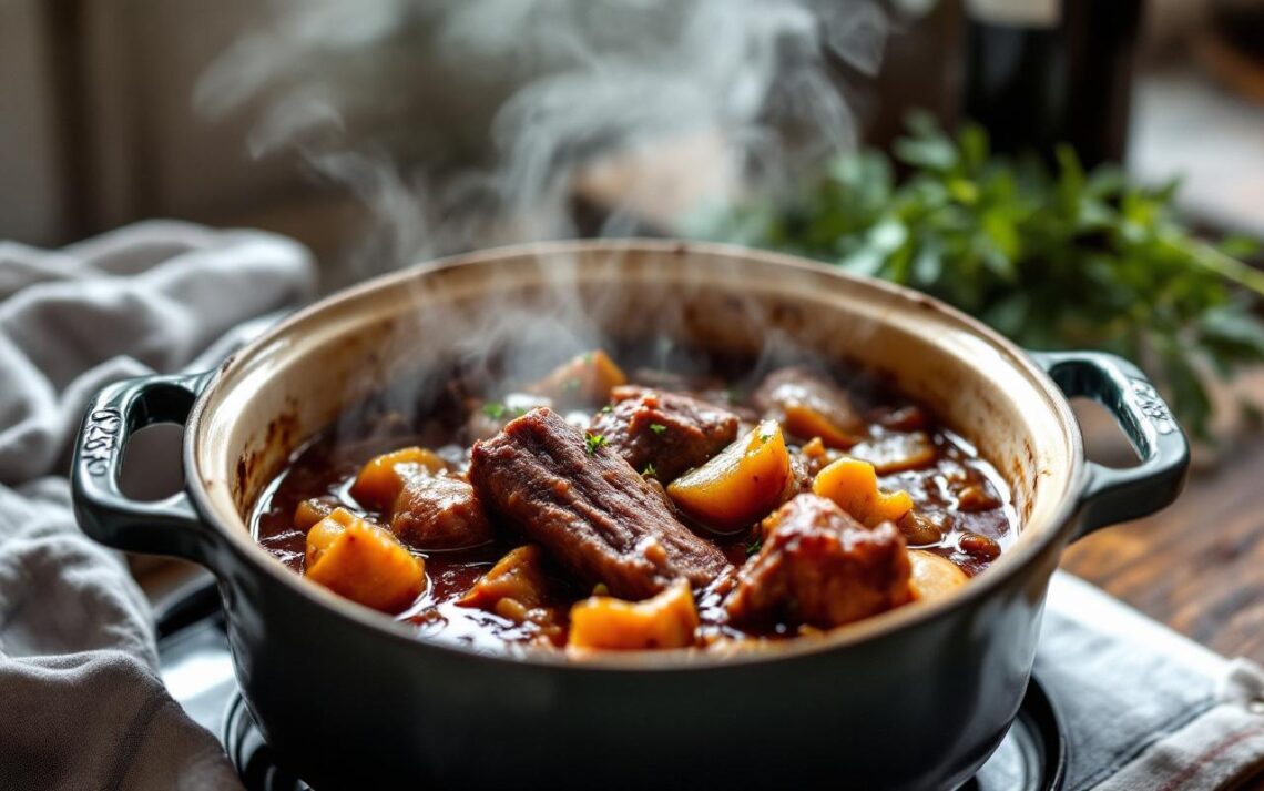 Assiette d’un civet de sanglier mijoté dans une cocotte avec une sauce au vin rouge, vapeur légère et ambiance cuisine traditionnelle française.