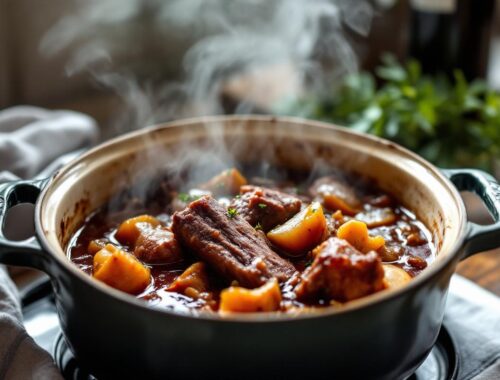 Assiette d’un civet de sanglier mijoté dans une cocotte avec une sauce au vin rouge, vapeur légère et ambiance cuisine traditionnelle française.