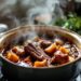 Assiette d’un civet de sanglier mijoté dans une cocotte avec une sauce au vin rouge, vapeur légère et ambiance cuisine traditionnelle française.