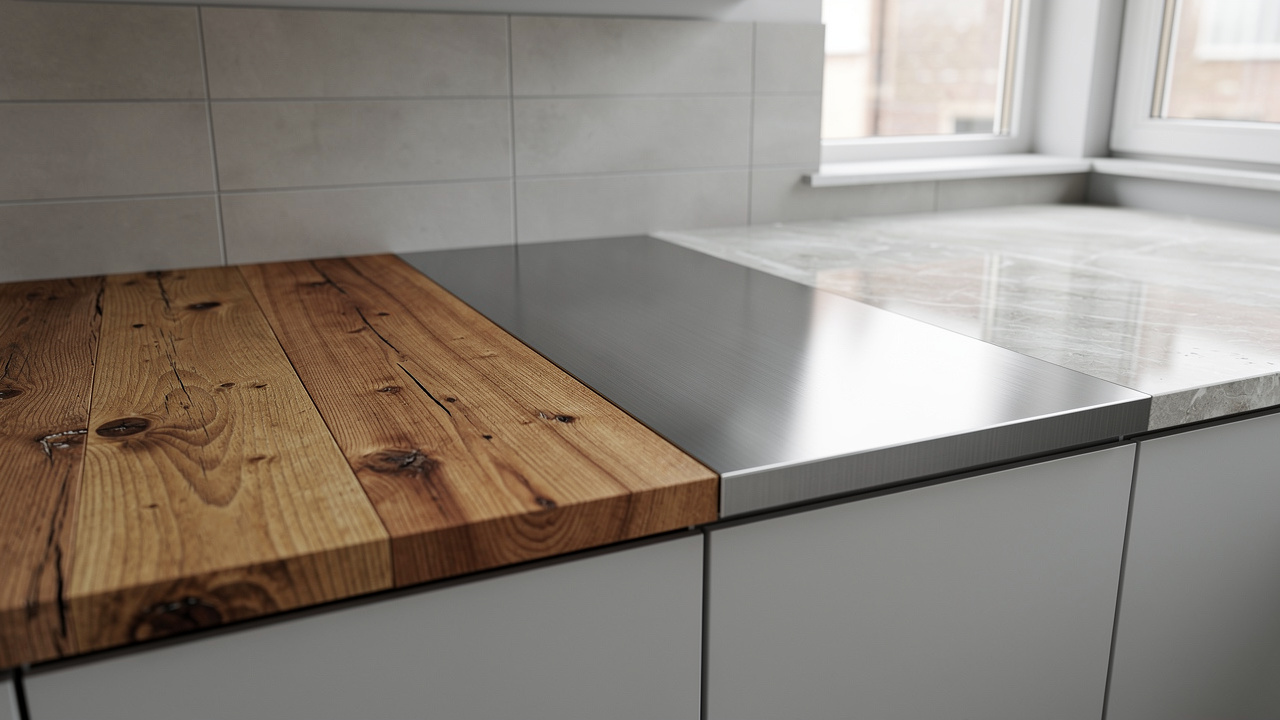 Comparatif visuel de plans de travail en bois, stratifié, inox et pierre dans une cuisine fonctionnelle, montrant les textures et finitions côte à côte.