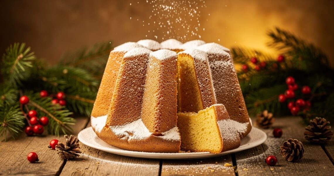 Pandoro traditionnel saupoudré de sucre glace sur table en bois rustique avec décor de Noël