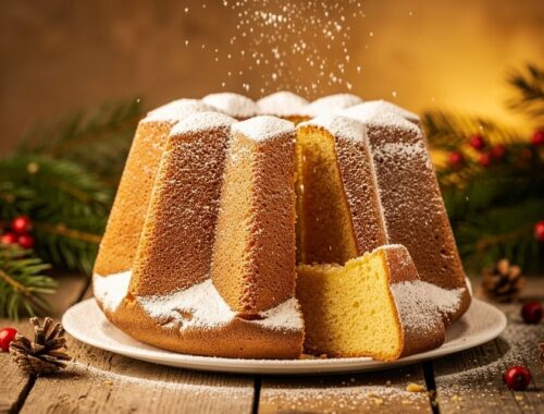 Pandoro traditionnel saupoudré de sucre glace sur table en bois rustique avec décor de Noël