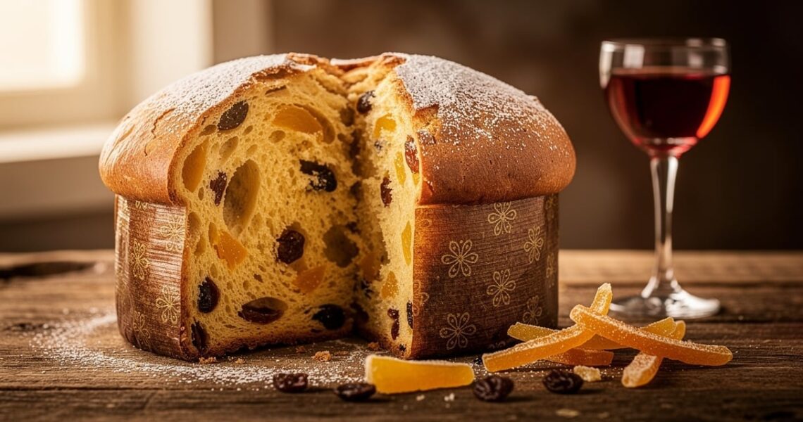 Panettone italien traditionnel posé sur une table en bois, croûte dorée saupoudrée de sucre glace