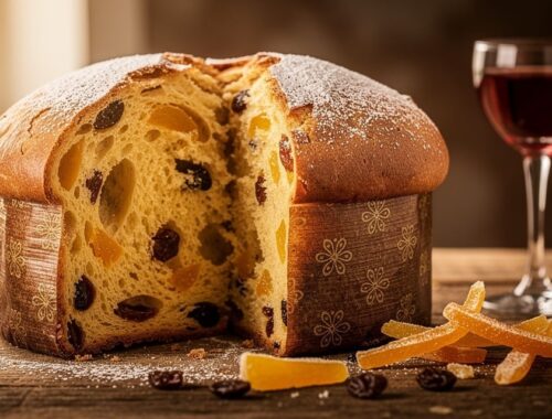 Panettone italien traditionnel posé sur une table en bois, croûte dorée saupoudrée de sucre glace