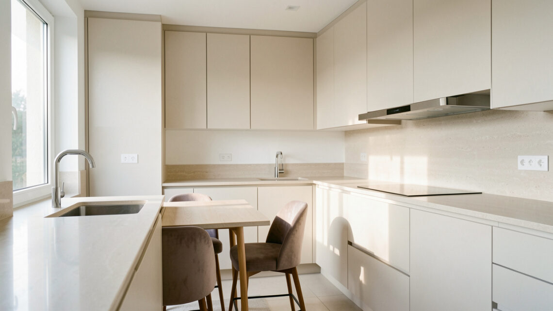 Cuisine moderne et lumineuse avec rangements intégrés, évier, plaque, hotte et coin repas harmonieux baigné de lumière naturelle.