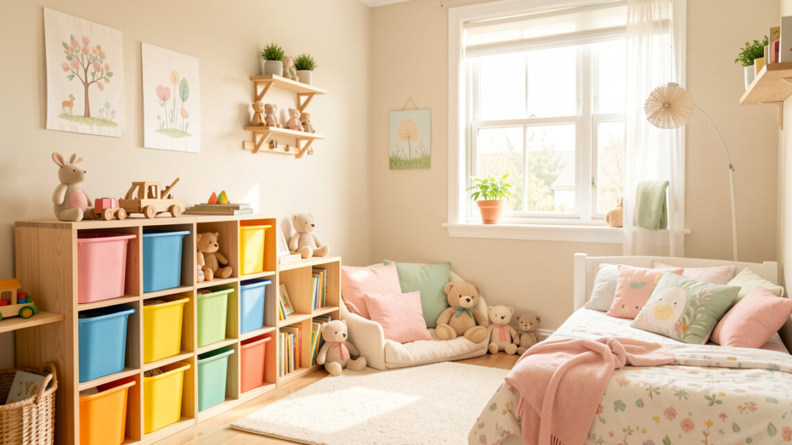 Chambre d’enfant lumineuse et bien organisée avec des rangements colorés, un coin jeu, des jouets et une décoration douce aux tons pastel.