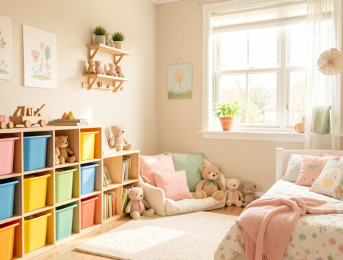 Chambre d’enfant lumineuse et bien organisée avec des rangements colorés, un coin jeu, des jouets et une décoration douce aux tons pastel.