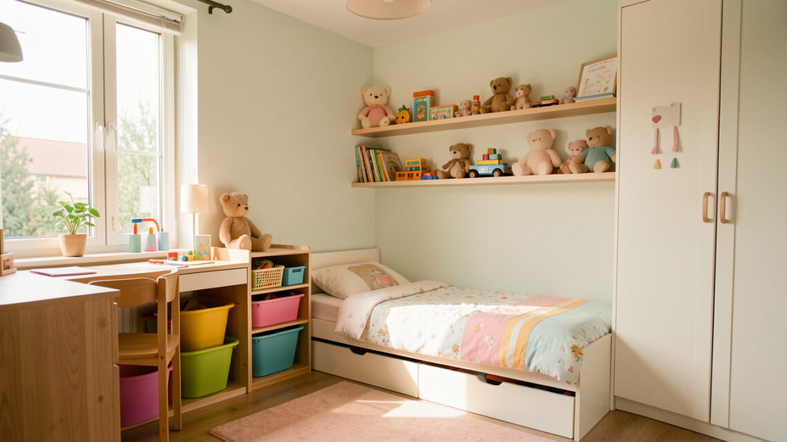 Petite chambre d’enfant lumineuse avec mobilier compact, rangements muraux intégrés et ambiance douce et fonctionnelle.