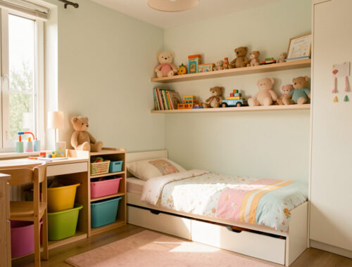 Petite chambre d’enfant lumineuse avec mobilier compact, rangements muraux intégrés et ambiance douce et fonctionnelle.