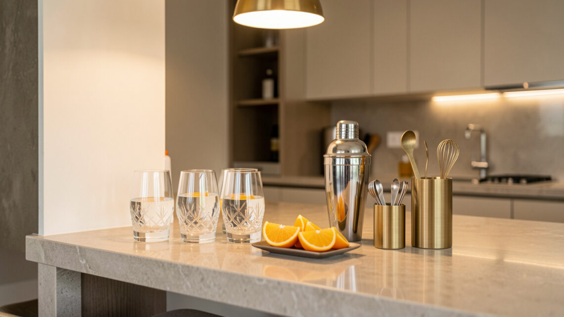 Coin bar élégant aménagé dans une cuisine moderne, avec des verres, des agrumes et des accessoires métalliques disposés sur un plan de travail en pierre.