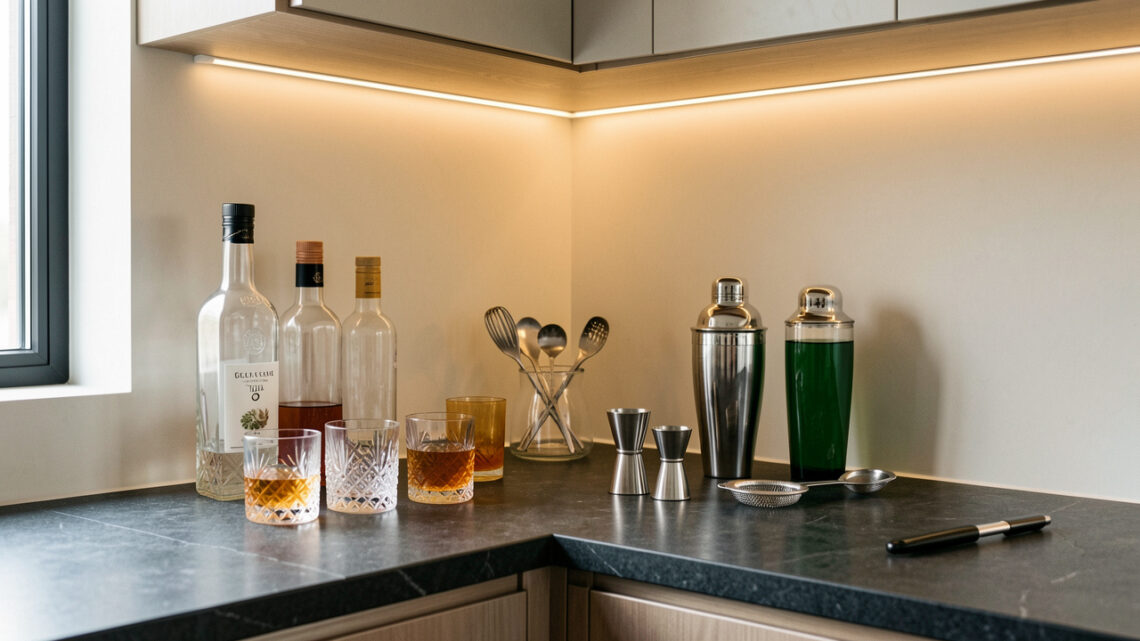 Coin cocktails élégant avec bouteilles, verres et ustensiles soigneusement rangés sur le plan de travail d’une cuisine moderne.
