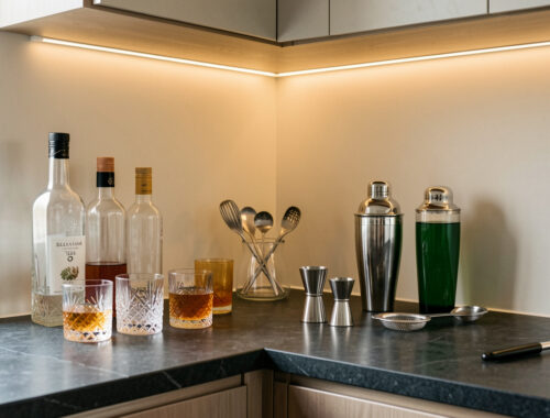 Coin cocktails élégant avec bouteilles, verres et ustensiles soigneusement rangés sur le plan de travail d’une cuisine moderne.