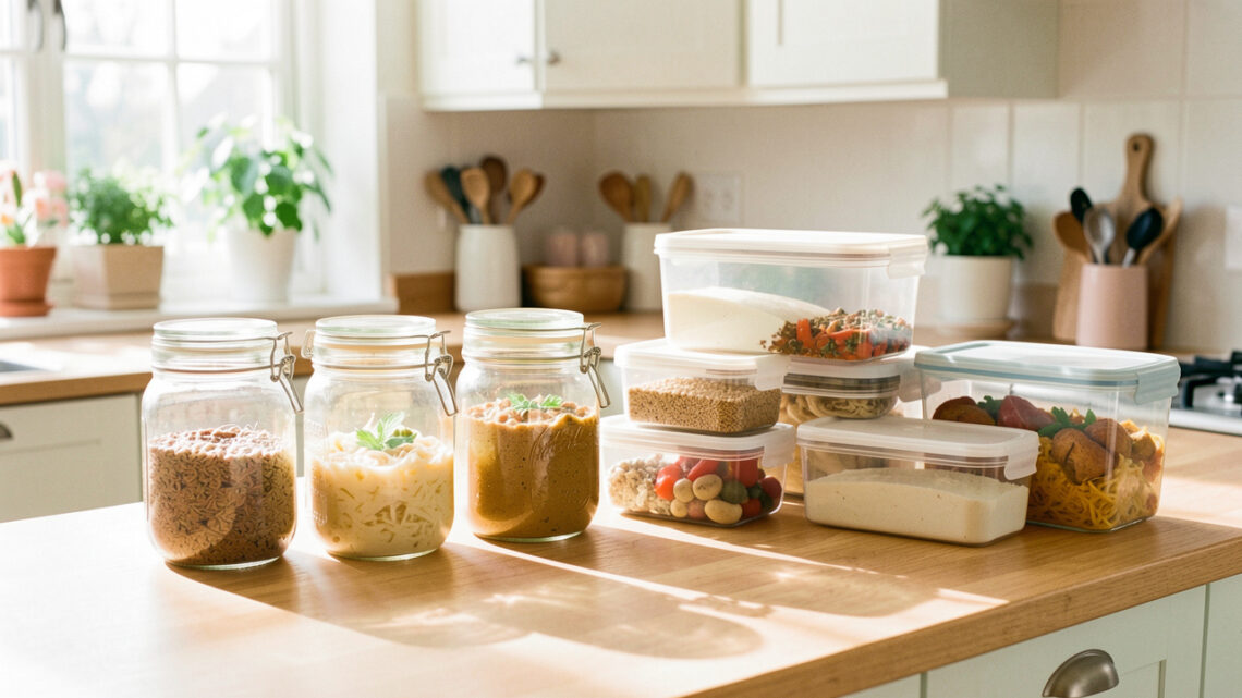 Cuisine lumineuse avec bocaux en verre, plats maison et boîtes hermétiques soigneusement rangés sur un plan de travail.