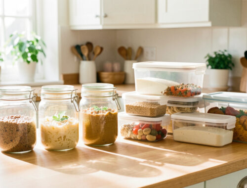Cuisine lumineuse avec bocaux en verre, plats maison et boîtes hermétiques soigneusement rangés sur un plan de travail.