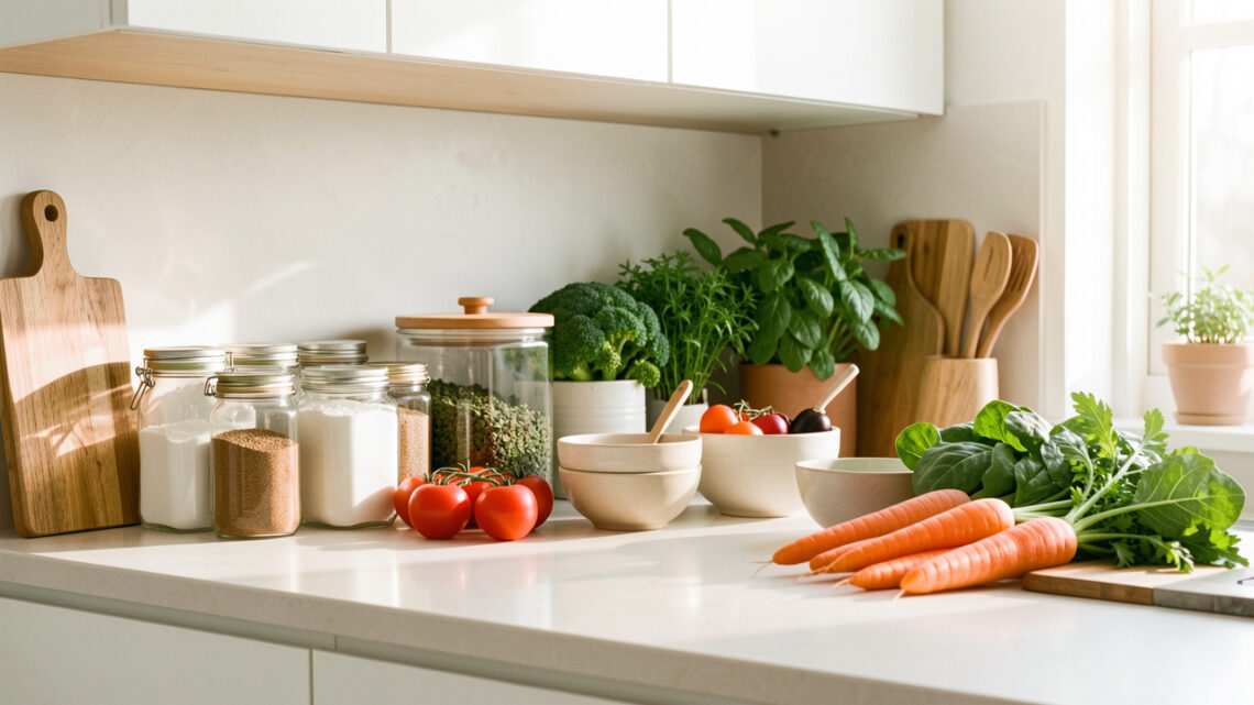 Cuisine lumineuse et bien organisée avec bocaux, boîtes hermétiques, ustensiles en bois et légumes frais disposés sur un plan de travail.