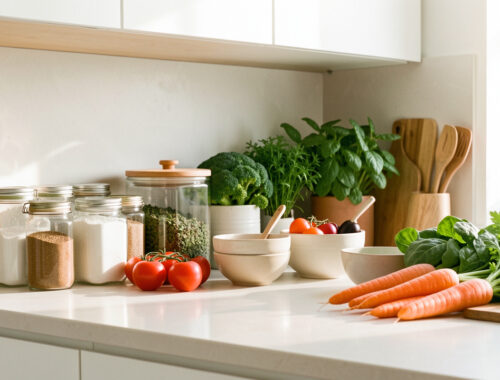 Cuisine lumineuse et bien organisée avec bocaux, boîtes hermétiques, ustensiles en bois et légumes frais disposés sur un plan de travail.