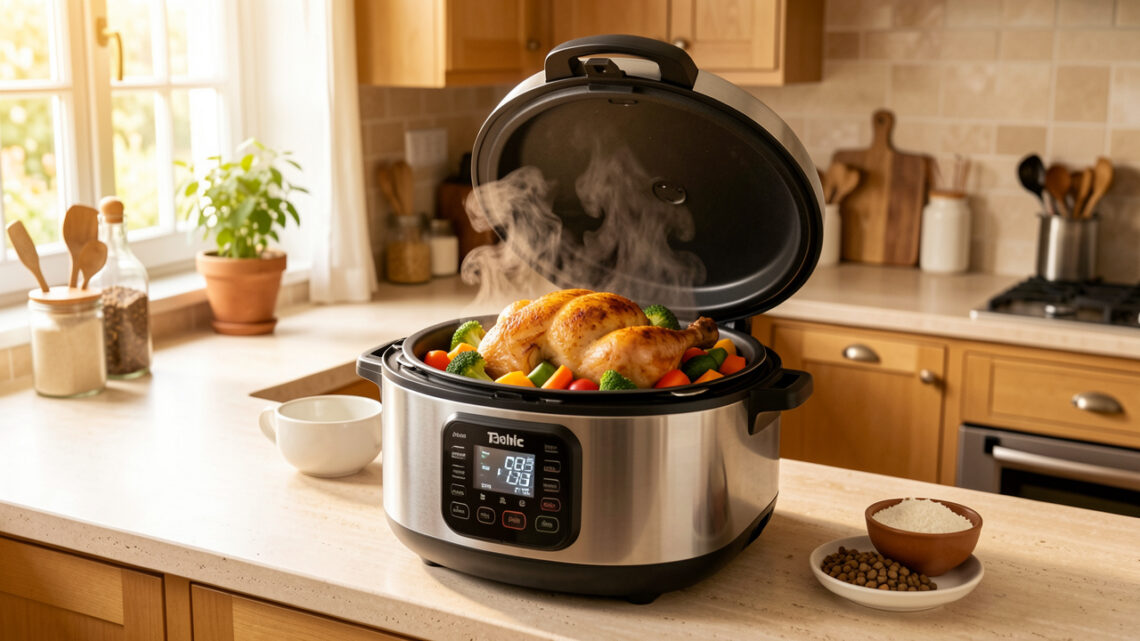 Multicuiseur moderne ouvert sur un plan de travail lumineux, contenant du poulet doré et des légumes rôtis dans une cuisine familiale française.