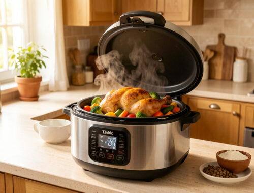 Multicuiseur moderne ouvert sur un plan de travail lumineux, contenant du poulet doré et des légumes rôtis dans une cuisine familiale française.