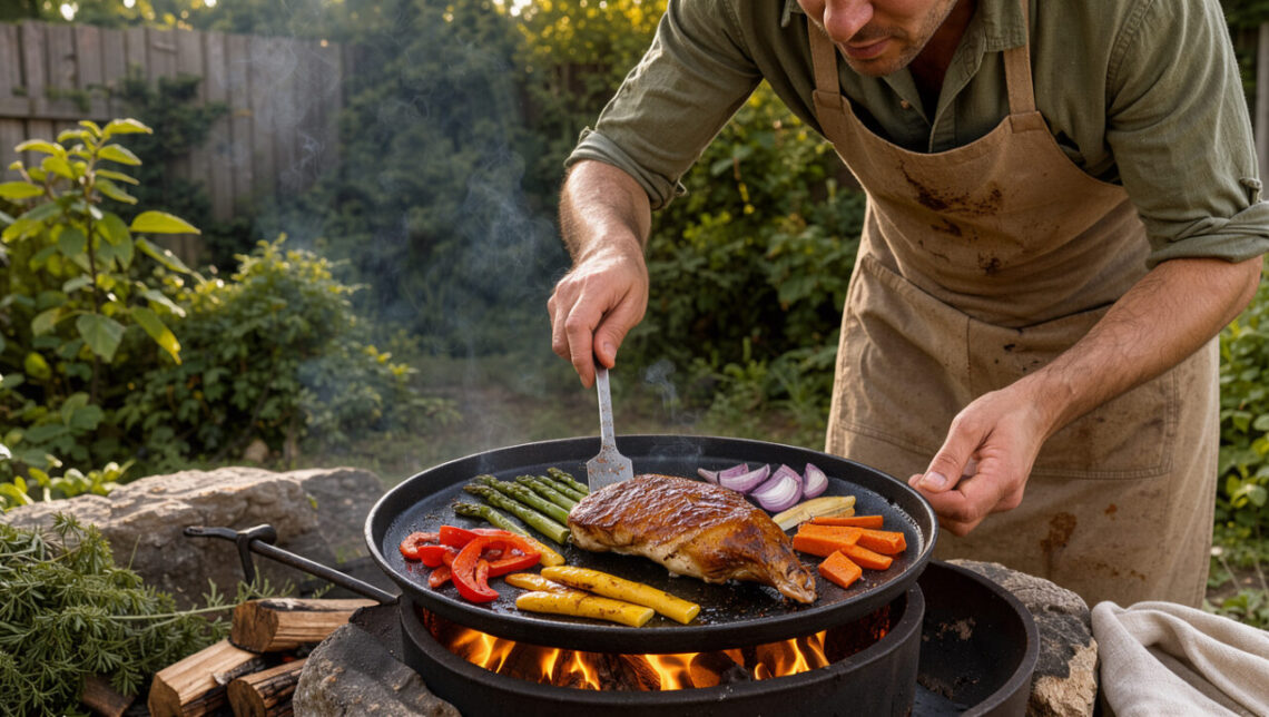 Un homme cuisinier amateur saisit un magret de canard et des légumes colorés sur une plaque en fonte posée au-dessus d’un brasero circulaire dans un jardin, baigné par la lumière dorée de fin de journée.