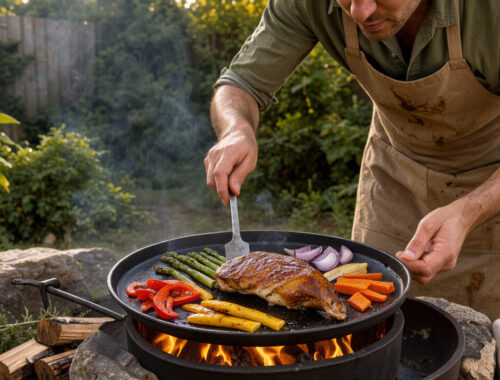 Un homme cuisinier amateur saisit un magret de canard et des légumes colorés sur une plaque en fonte posée au-dessus d’un brasero circulaire dans un jardin, baigné par la lumière dorée de fin de journée.