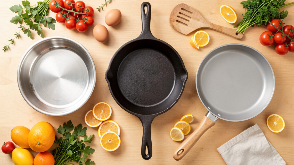 Vue du dessus d’une cuisine lumineuse présentant trois poêles, en inox, en fonte et antiadhésive, entourées d’ingrédients frais et d’une spatule en bois.