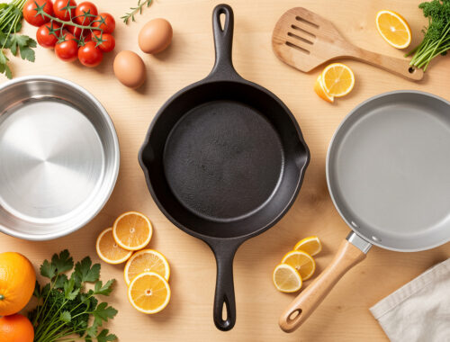 Vue du dessus d’une cuisine lumineuse présentant trois poêles, en inox, en fonte et antiadhésive, entourées d’ingrédients frais et d’une spatule en bois.